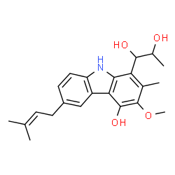 ChemSpider 2D Image | 1,2-Propanediol, 1-(4-hydroxy-3-methoxy-2-methyl-6-(3-methyl-2-butenyl)-9H-carbazol-1-yl)- | C22H27NO4
