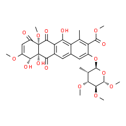 ChemSpider 2D Image | Methyl (6aR,7S,10aR)-6a,7,12-trihydroxy-8,10a-dimethoxy-1-methyl-6,10,11-trioxo-3-{[(2S,3S,4R,5S,6S)-4,5,6-trimethoxy-3-methyltetrahydro-2H-pyran-2-yl]oxy}-6,6a,7,10,10a,11-hexahydro-2-tetracenecarbox
ylate | C32H36O15