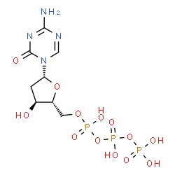 ChemSpider 2D Image | 4-Amino-1-[2-deoxy-5-O-(hydroxy{[hydroxy(phosphonooxy)phosphoryl]oxy}phosphoryl)-beta-D-erythro-pentofuranosyl]-1,3,5-triazin-2(1H)-one | C8H15N4O13P3