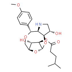 ChemSpider 2D Image | (1R,3S,4S,7R,8R,11S,12S,13R)-4,12-Dihydroxy-8-(4-methoxyphenyl)-2,9,14-trioxa-6-azatricyclo[9.2.1.0~3,7~]tetradec-13-yl 4-methylpentanoate | C23H33NO8