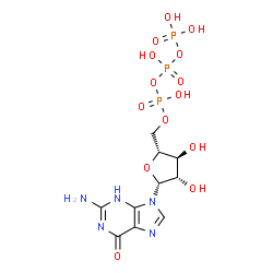 ChemSpider 2D Image | 2-Amino-9-[5-O-(hydroxy{[hydroxy(phosphonooxy)phosphoryl]oxy}phosphoryl)-beta-D-arabinofuranosyl]-3,9-dihydro-6H-purin-6-one | C10H16N5O14P3