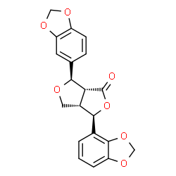 ChemSpider 2D Image | (3R,3aS,6R,6aR)-3-(1,3-Benzodioxol-4-yl)-6-(1,3-benzodioxol-5-yl)tetrahydro-1H,3H-furo[3,4-c]furan-1-one | C20H16O7