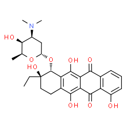 ChemSpider 2D Image | (1R,2R)-2-Ethyl-2,5,7,12-tetrahydroxy-6,11-dioxo-1,2,3,4,6,11-hexahydro-1-tetracenyl 2,3,6-trideoxy-3-(dimethylamino)-alpha-L-lyxo-hexopyranoside | C28H33NO9