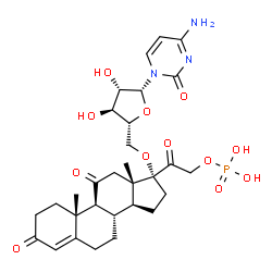 ChemSpider 2D Image | 4-Amino-1-{5-O-[3,11,20-trioxo-21-(phosphonooxy)pregn-4-en-17-yl]-beta-D-arabinofuranosyl}-2(1H)-pyrimidinone | C30H40N3O12P