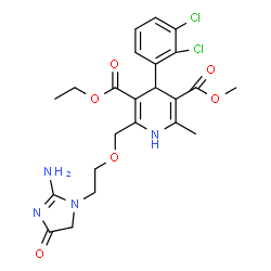 ChemSpider 2D Image | 3-Ethyl 5-methyl 2-{[2-(2-amino-4-oxo-4,5-dihydro-1H-imidazol-1-yl)ethoxy]methyl}-4-(2,3-dichlorophenyl)-6-methyl-1,4-dihydro-3,5-pyridinedicarboxylate | C23H26Cl2N4O6