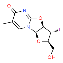 ChemSpider 2D Image | (2R,3R,3aR,9aR)-2-(Hydroxymethyl)-3-iodo-7-methyl-2,3,3a,9a-tetrahydro-6H-furo[2',3':4,5][1,3]oxazolo[3,2-a]pyrimidin-6-one | C10H11IN2O4