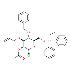 ChemSpider 2D Image | 2-O-Acetyl-3-O-allyl-4-O-benzyl-6-O-[(2-methyl-2-propanyl)(diphenyl)silyl]-alpha-D-glucopyranosyl chloride | C34H41ClO6Si