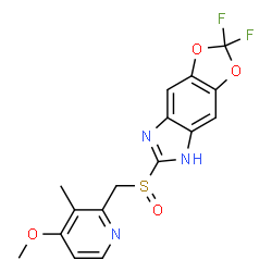 ChemSpider 2D Image | 2,2-Difluoro-6-{[(4-methoxy-3-methyl-2-pyridinyl)methyl]sulfinyl}-5H-[1,3]dioxolo[4,5-f]benzimidazole | C16H13F2N3O4S