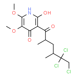 ChemSpider 2D Image | 2-Hydroxy-5,6-dimethoxy-3-(5,5,6-trichloro-2,4-dimethylhexanoyl)-4(1H)-pyridinone | C15H20Cl3NO5