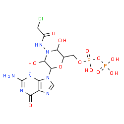 ChemSpider 2D Image | {6-(2-Amino-6-oxo-3,6-dihydro-9H-purin-9-yl)-4-[(chloroacetyl)amino]-3,5-dihydroxy-2-morpholinyl}methyl trihydrogen diphosphate | C12H18ClN7O12P2
