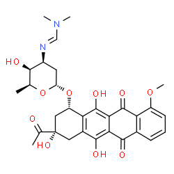 ChemSpider 2D Image | (1S,3S)-3-Acetyl-3,5,12-trihydroxy-10-methoxy-6,11-dioxo-1,2,3,4,6,11-hexahydro-1-tetracenyl 2,3,6-trideoxy-3-{(E)-[(dimethylamino)methylene]amino}-alpha-L-lyxo-hexopyranoside | C30H34N2O10