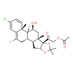 ChemSpider 2D Image | 2-[(4aS,4bR,5S,6aS,6bS,9aR,10aS,10bS)-2-Chloro-4b,12-difluoro-5-hydroxy-4a,6a,8,8-tetramethyl-4a,4b,5,6,6a,9a,10,10a,10b,11-decahydro-6bH-naphtho[2',1':4,5]indeno[1,2-d][1,3]dioxol-6b-yl]-2-oxoethyl a
cetate | C26H31ClF2O6