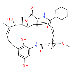 ChemSpider 2D Image | (8Z,10E,14R,15R,16Z)-15,22,24-Trihydroxy-5-methoxy-14,16-dimethyl-3-oxo-2-azabicyclo[18.3.1]tetracosa-1(24),6,8,10,16,20,22-heptaen-13-yl N-(cyclohexylcarbonyl)-D-alaninate | C36H50N2O8