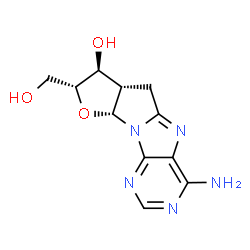 ChemSpider 2D Image | (6aS,7S,8R,9aR)-4-Amino-8-(hydroxymethyl)-6a,7,8,9a-tetrahydro-6H-furo[3',2':4,5]pyrrolo[1,2-e]purin-7-ol | C11H13N5O3