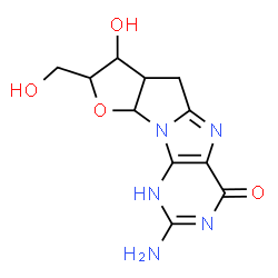ChemSpider 2D Image | 2-Amino-7-hydroxy-8-(hydroxymethyl)-1,6,6a,7,8,9a-hexahydro-4H-furo[3',2':4,5]pyrrolo[1,2-e]purin-4-one | C11H13N5O4