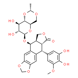 ChemSpider 2D Image | (5S,5aR,8aR,9R)-9-(3,4-Dihydroxy-5-methoxyphenyl)-8-oxo-5,5a,6,8,8a,9-hexahydrofuro[3',4':6,7]naphtho[2,3-d][1,3]dioxol-5-yl 4,6-O-[(1R)-ethylidene]-beta-D-glucopyranoside | C28H30O13