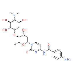 ChemSpider 2D Image | 4-[(4-Aminobenzoyl)amino]-1-{2,6-dideoxy-4-O-[(1S,2R,3S,4R,5S)-4-(dimethylamino)-2,3,5-trihydroxycyclohexyl]-beta-D-arabino-hexopyranosyl}-2(1H)-pyrimidinone | C25H35N5O8
