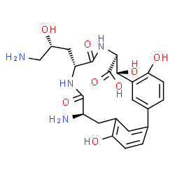 ChemSpider 2D Image | (7R,8S,11S,14S)-14-Amino-11-[(2R)-3-amino-2-hydroxypropyl]-5,7,17-trihydroxy-10,13-dioxo-9,12-diazatricyclo[14.3.1.1~2,6~]henicosa-1(20),2(21),3,5,16,18-hexaene-8-carboxylic acid | C23H28N4O8