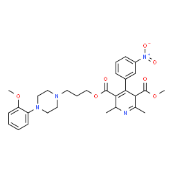 ChemSpider 2D Image | 3-{3-[4-(2-Methoxyphenyl)-1-piperazinyl]propyl} 5-methyl 2,6-dimethyl-4-(3-nitrophenyl)-2,5-dihydro-3,5-pyridinedicarboxylate | C30H36N4O7
