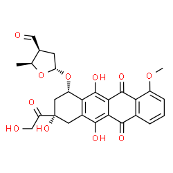 ChemSpider 2D Image | (2S,3S,5S)-5-{[(1S,3S)-3-Glycoloyl-3,5,12-trihydroxy-10-methoxy-6,11-dioxo-1,2,3,4,6,11-hexahydro-1-tetracenyl]oxy}-2-methyltetrahydro-3-furancarbaldehyde | C27H26O11