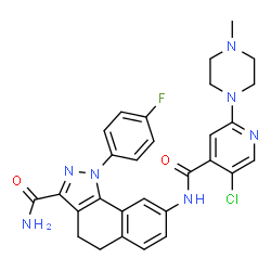 ChemSpider 2D Image | N-[3-carbamoyl-1-(4-fluorophenyl)-1H,4H,5H-benzo[g]indazol-8-yl]-5-chloro-2-(4-methylpiperazin-1-yl)pyridine-4-carboxamide | C29H27ClFN7O2