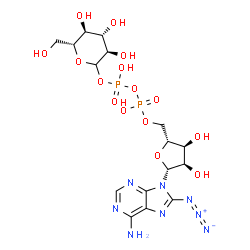 ChemSpider 2D Image | [(2R,3S,4R,5R)-5-(6-Amino-8-azido-9H-purin-9-yl)-3,4-dihydroxytetrahydro-2-furanyl]methyl (3R,4S,5S,6R)-3,4,5-trihydroxy-6-(hydroxymethyl)tetrahydro-2H-pyran-2-yl dihydrogen diphosphate (non-preferred
 name) | C16H24N8O15P2