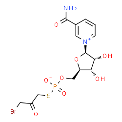 ChemSpider 2D Image | 1-(5-O-{[(3-Bromo-2-oxopropyl)sulfanyl]phosphinato}-beta-D-ribofuranosyl)-3-carbamoylpyridinium | C14H18BrN2O8PS
