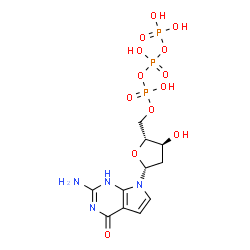 ChemSpider 2D Image | 2-Amino-7-[2-deoxy-5-O-(hydroxy{[hydroxy(phosphonooxy)phosphoryl]oxy}phosphoryl)-beta-D-erythro-pentofuranosyl]-1,7-dihydro-4H-pyrrolo[2,3-d]pyrimidin-4-one | C11H17N4O13P3