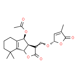 ChemSpider 2D Image | (3Z,3aR,4S,8bS)-8,8-Dimethyl-3-({[(2S)-4-methyl-5-oxo-2,5-dihydro-2-furanyl]oxy}methylene)-2-oxo-3,3a,4,5,6,7,8,8b-octahydro-2H-indeno[1,2-b]furan-4-yl acetate | C21H24O7