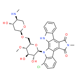 ChemSpider 2D Image | 5H-Indolo[2,3-a]pyrrolo[3,4-c]carbazole-5,7(6H)-dione, 1-chloro-13-[6-O-[2,4-dideoxy-4-(methylamino)-alpha-L-threo-pentopyranosyl]-4-O-methyl-beta-D-glucopyranosyl]-12,13-dihydro-6-methyl- | C34H35ClN4O9