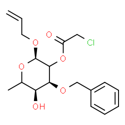 ChemSpider 2D Image | Allyl 3-O-benzyl-2-O-(chloroacetyl)-6-deoxy-alpha-L-erythro-hexopyranoside | C18H23ClO6