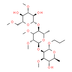ChemSpider 2D Image | Propyl 3,6-di-O-methyl-beta-D-glucopyranosyl-(1->4)-(3xi)-6-deoxy-2,3-di-O-methyl-alpha-L-arabino-hexopyranosyl-(1->2)-6-deoxy-3-O-methyl-alpha-L-mannopyranoside | C26H48O14