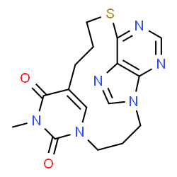 ChemSpider 2D Image | 20-Methyl-14-thia-1,5,7,10,12,20-hexaazatetracyclo[16.3.1.0~5,9~.0~8,13~]docosa-6,8,10,12,18(22)-pentaene-19,21-dione | C16H18N6O2S