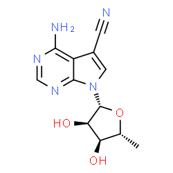ChemSpider 2D Image | 4-Amino-7-(5-deoxy-Î²-D-ribofuranosyl)-7H-pyrrolo[2,3-d]pyrimidine-5-carbonitrile | C12H13N5O3