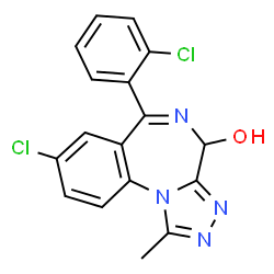 ChemSpider 2D Image | 8-Chloro-6-(2-chlorophenyl)-1-methyl-4H-[1,2,4]triazolo[4,3-a][1,4]benzodiazepin-4-ol | C17H12Cl2N4O