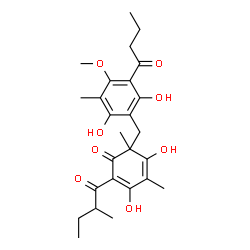 ChemSpider 2D Image | 6-(3-Butyryl-2,6-dihydroxy-4-methoxy-5-methylbenzyl)-3,5-dihydroxy-4,6-dimethyl-2-(2-methylbutanoyl)-2,4-cyclohexadien-1-one | C26H34O8
