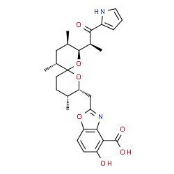 ChemSpider 2D Image | 5-Hydroxy-2-({(2R,3R,8S,9R,11R)-3,9,11-trimethyl-8-[(2S)-1-oxo-1-(1H-pyrrol-2-yl)-2-propanyl]-1,7-dioxaspiro[5.5]undec-2-yl}methyl)-1,3-benzoxazole-4-carboxylic acid | C28H34N2O7