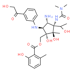 ChemSpider 2D Image | [(1S,2R,3R,4S,5S)-4-Amino-3-[(dimethylcarbamoyl)amino]-5-[(3-glycoloylphenyl)amino]-1,2-dihydroxy-3-(1-hydroxyethyl)-2-methylcyclopentyl]methyl 2-hydroxy-6-methylbenzoate | C28H38N4O9
