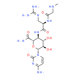 ChemSpider 2D Image | (2S,3S,4S,5R,6R)-6-(4-Amino-2-oxo-1(2H)-pyrimidinyl)-3-{[(2R)-3-[(diaminomethylene)amino]-2-{[(methylamino)acetyl]amino}propanoyl]amino}-4,5-dihydroxytetrahydro-2H-pyran-2-carboxamide (non-preferred n
ame) | C17H28N10O7