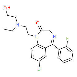 ChemSpider 2D Image | 7-Chloro-1-{2-[ethyl(2-hydroxyethyl)amino]ethyl}-5-(2-fluorophenyl)-1,3-dihydro-2H-1,4-benzodiazepin-2-one | C21H23ClFN3O2