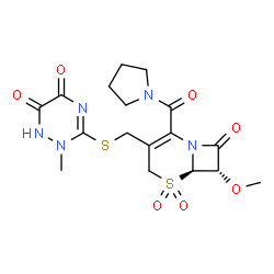 ChemSpider 2D Image | 3-({[(6R,7S)-7-Methoxy-5,5-dioxido-8-oxo-2-(1-pyrrolidinylcarbonyl)-5-thia-1-azabicyclo[4.2.0]oct-2-en-3-yl]methyl}sulfanyl)-2-methyl-1,2-dihydro-1,2,4-triazine-5,6-dione | C17H21N5O7S2