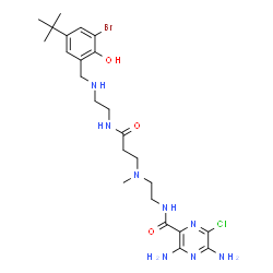 ChemSpider 2D Image | 3,5-Diamino-N-{2-[{3-[(2-{[3-bromo-2-hydroxy-5-(2-methyl-2-propanyl)benzyl]amino}ethyl)amino]-3-oxopropyl}(methyl)amino]ethyl}-6-chloro-2-pyrazinecarboxamide | C24H36BrClN8O3