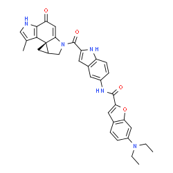 ChemSpider 2D Image | 6-(Diethylamino)-N-(2-{[(3bR)-3-methyl-8-oxo-1,4a,5,8-tetrahydrocyclopropa[c]pyrrolo[3,2-e]indol-6(4H)-yl]carbonyl}-1H-indol-5-yl)-1-benzofuran-2-carboxamide | C34H31N5O4