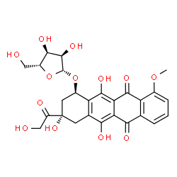 ChemSpider 2D Image | (1R,3S)-3-Glycoloyl-3,5,12-trihydroxy-10-methoxy-6,11-dioxo-1,2,3,4,6,11-hexahydro-1-tetracenyl beta-D-ribofuranoside | C26H26O13
