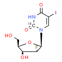 ChemSpider 2D Image | 1-[(2xi)-2-Deoxy-2-fluoro-beta-D-threo-pentofuranosyl]-5-iodo-2,4(1H,3H)-(2-~14~C)pyrimidinedione | C814CH10FIN2O5