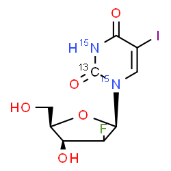 ChemSpider 2D Image | 1-[(2xi)-2-Deoxy-2-fluoro-beta-D-threo-pentofuranosyl]-5-iodo-2,4(1H,3H)-(2-~13~C,~15~N_2_)pyrimidinedione | C813CH10FI15N2O5