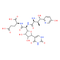 ChemSpider 2D Image | (2S)-2-({(2S)-2-{[(2S,3S,4S)-2-Amino-4-hydroxy-4-(5-hydroxy-2-pyridinyl)-3-methylbutanoyl]amino}-2-[5-(2,4-dioxo-1,2,3,4-tetrahydro-5-pyrimidinyl)-3,4-dihydroxytetrahydro-2-furanyl]acetyl}amino)pentan
edioic acid | C25H32N6O13