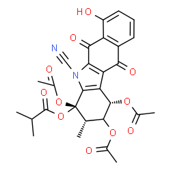 ChemSpider 2D Image | (1S,3S,4S)-1,2,4-Triacetoxy-5-cyano-7-hydroxy-3-methyl-6,11-dioxo-2,3,4,5,6,11-hexahydro-1H-benzo[b]carbazol-4-yl 2-methylpropanoate | C28H26N2O11