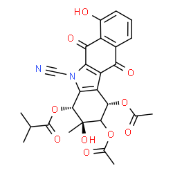 ChemSpider 2D Image | (1S,3S,4R)-1,2-Diacetoxy-5-cyano-3,7-dihydroxy-3-methyl-6,11-dioxo-2,3,4,5,6,11-hexahydro-1H-benzo[b]carbazol-4-yl 2-methylpropanoate | C26H24N2O10