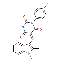 ChemSpider 2D Image | (5E)-1-(4-Chlorophenyl)-5-[(1,2-dimethyl-1H-indol-3-yl)methylene]-2,4,6(1H,3H,5H)-pyrimidinetrione | C21H16ClN3O3